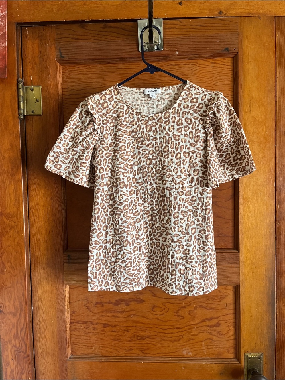 Nine West Cream and Brown Leopard Print Short Puff Sleeve Top